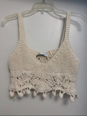 Zara Cream Crochet Pom-Pom Crop Top
